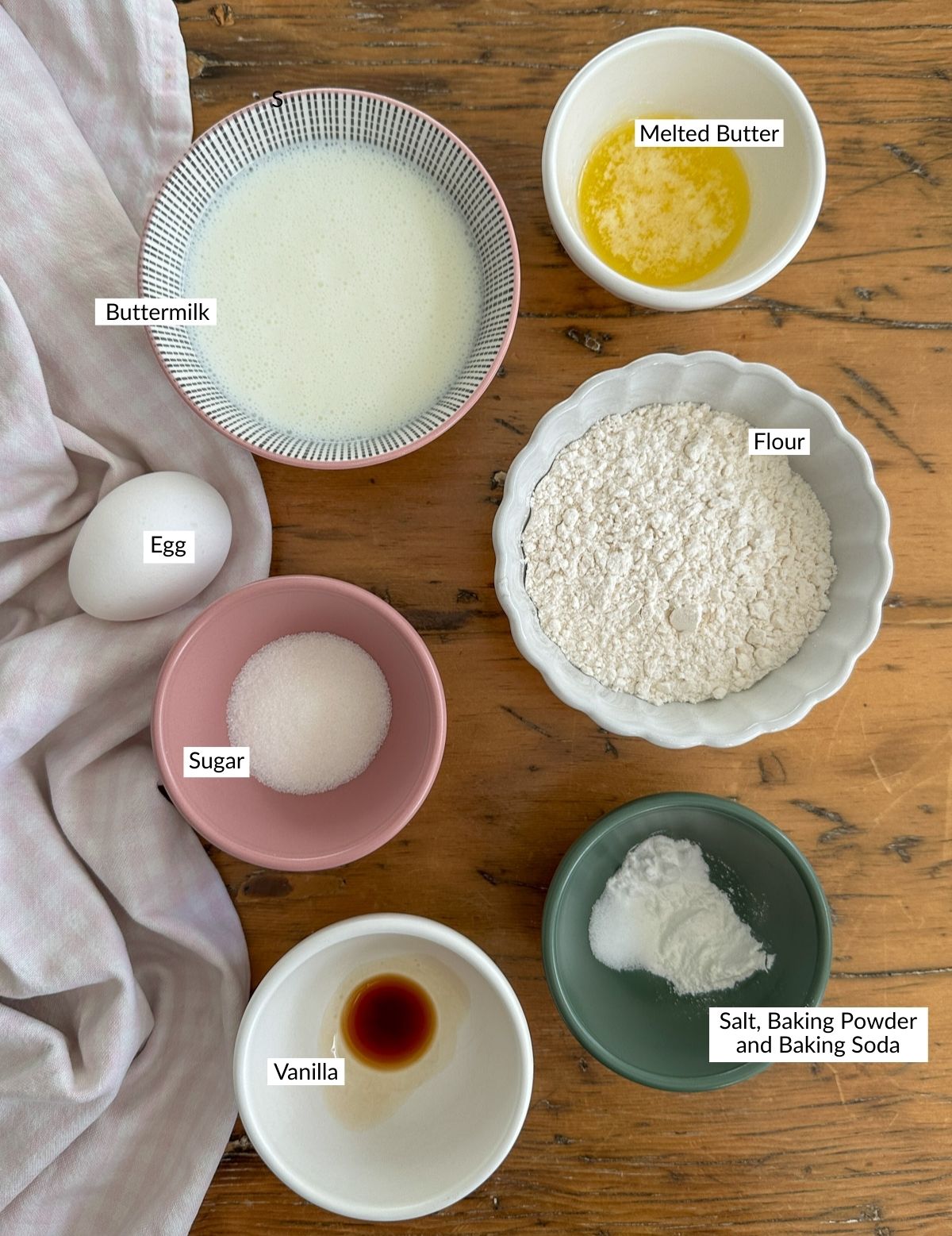 Small batch pancakes for two labelled ingredients in bowls.