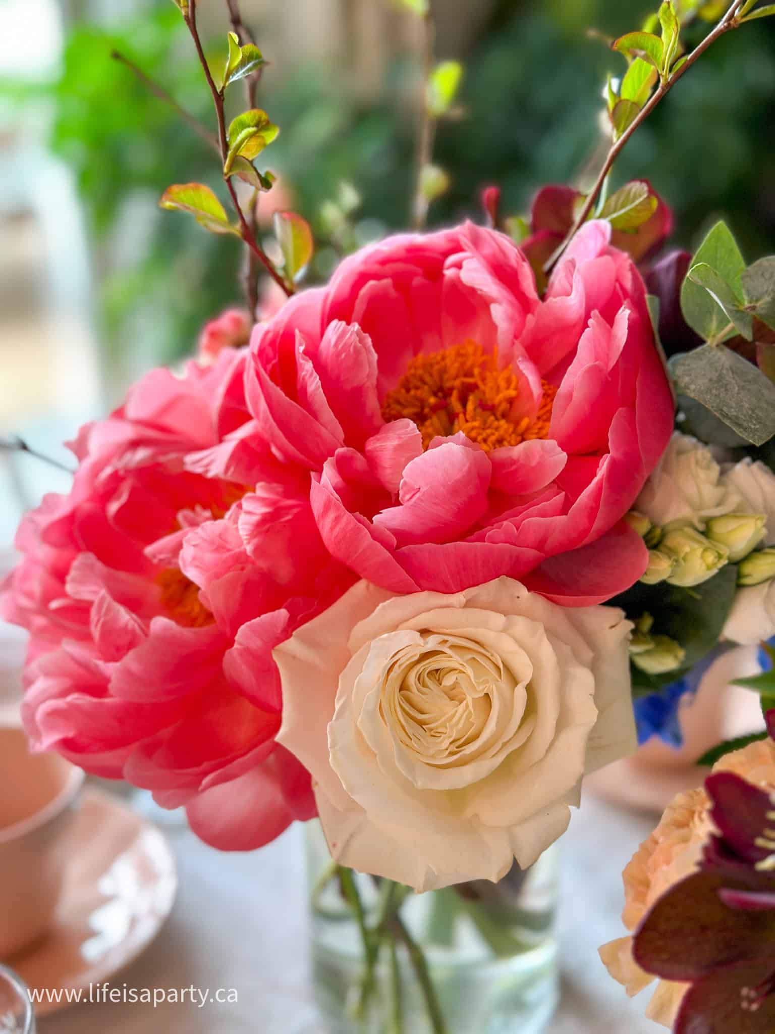 spring floral arrangement peonies and roses