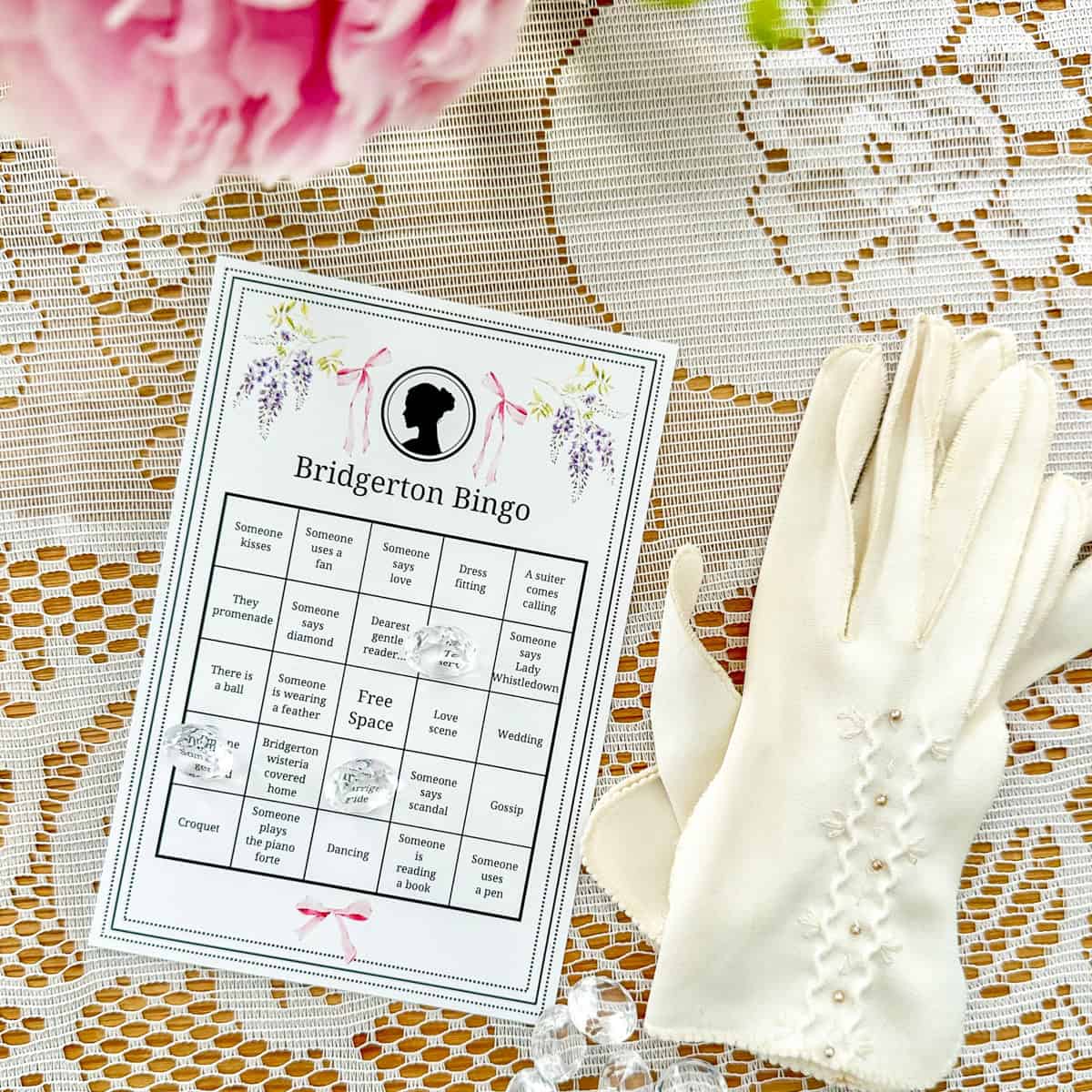 Free printable Bridgerton bingo party game.
