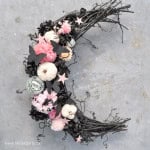 DIY Crescent Moon Wreath with homemade grapevine base, and decorations.
