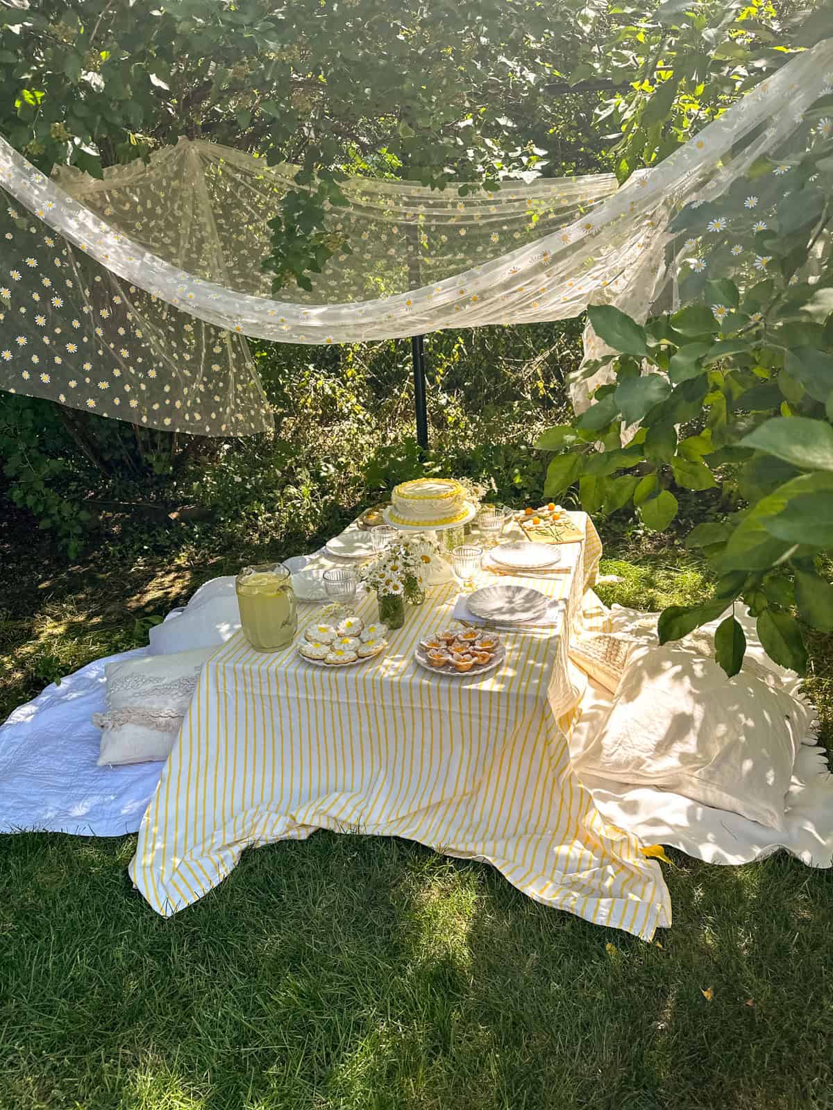 Daisy themed picnic with tulle canopy, yellow and white tablescape, and daisy-themed foods.