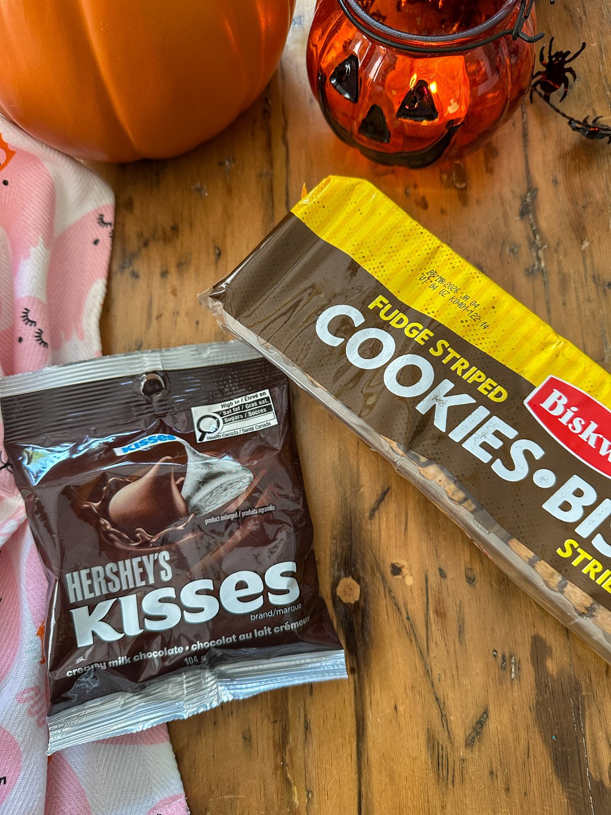 Chocolate cookies and Hershey Kisses to make witch hat cookies.