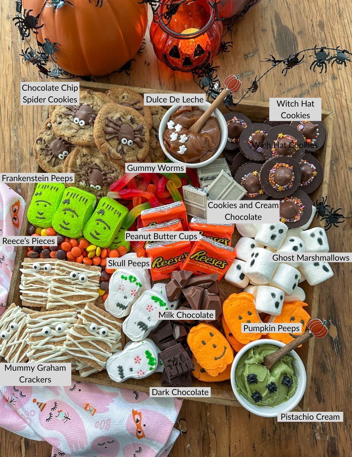 Labeled Halloween smores board.