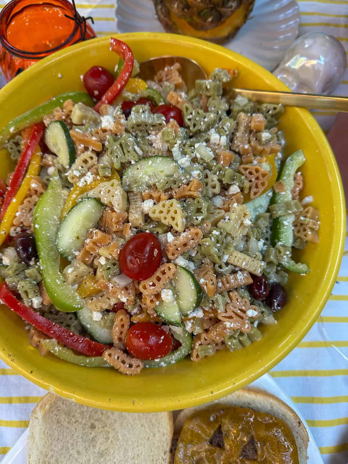Summerween pasta salad made with bug shaped pasta.