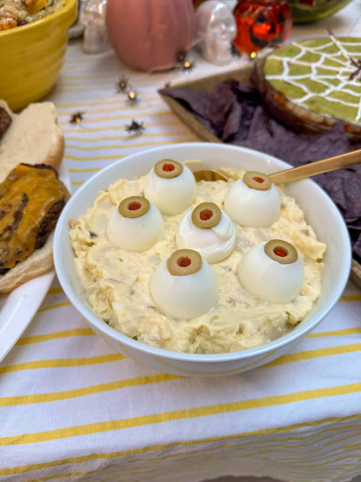 Summerween potato salad with hard boiled egg eyeballs on top.