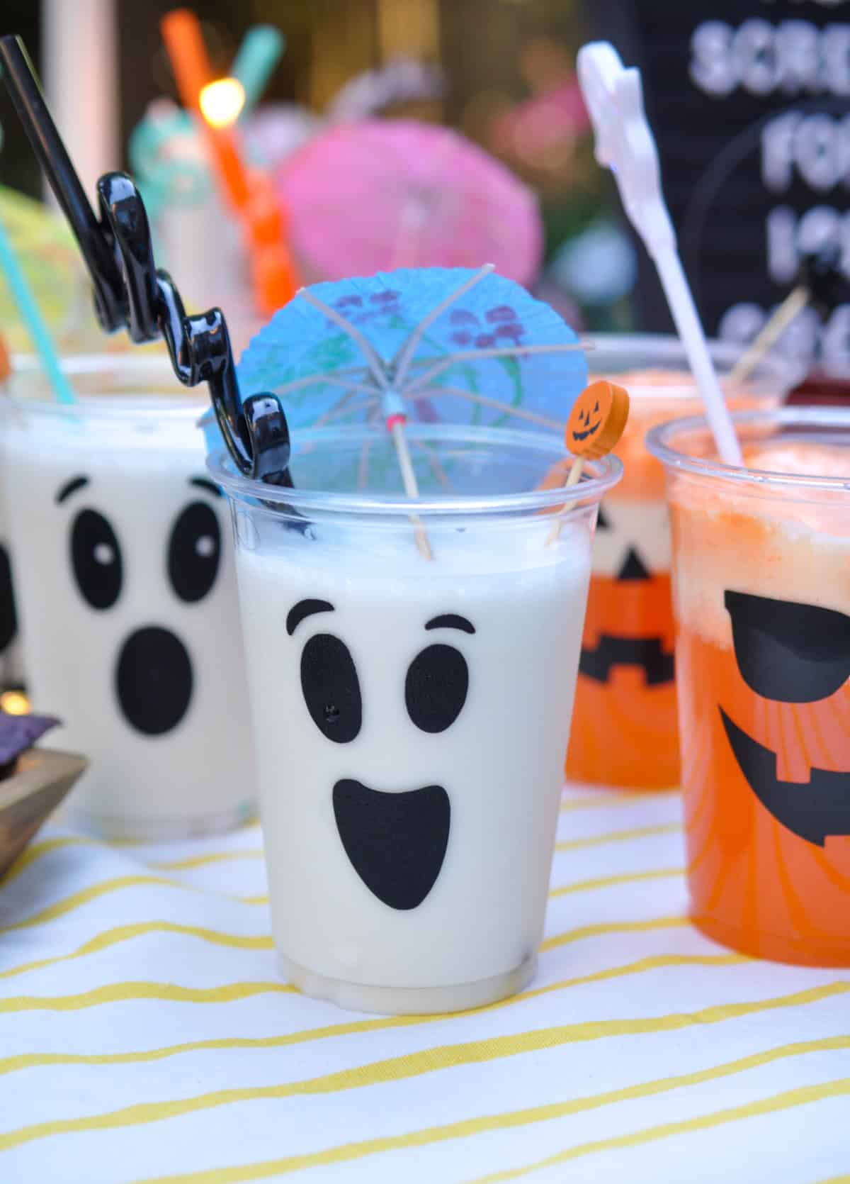 Halloween ghost cups with milkshakes.
