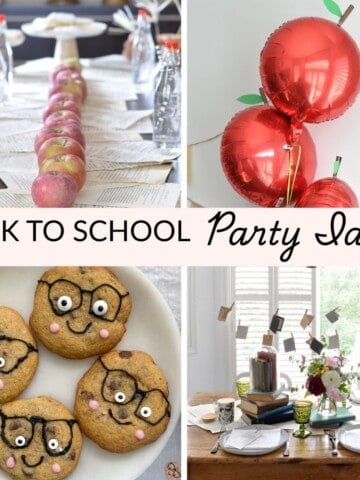 Back to school party ideas of table decorations, apple balloons, book garland, and smart cookies with glasses.
