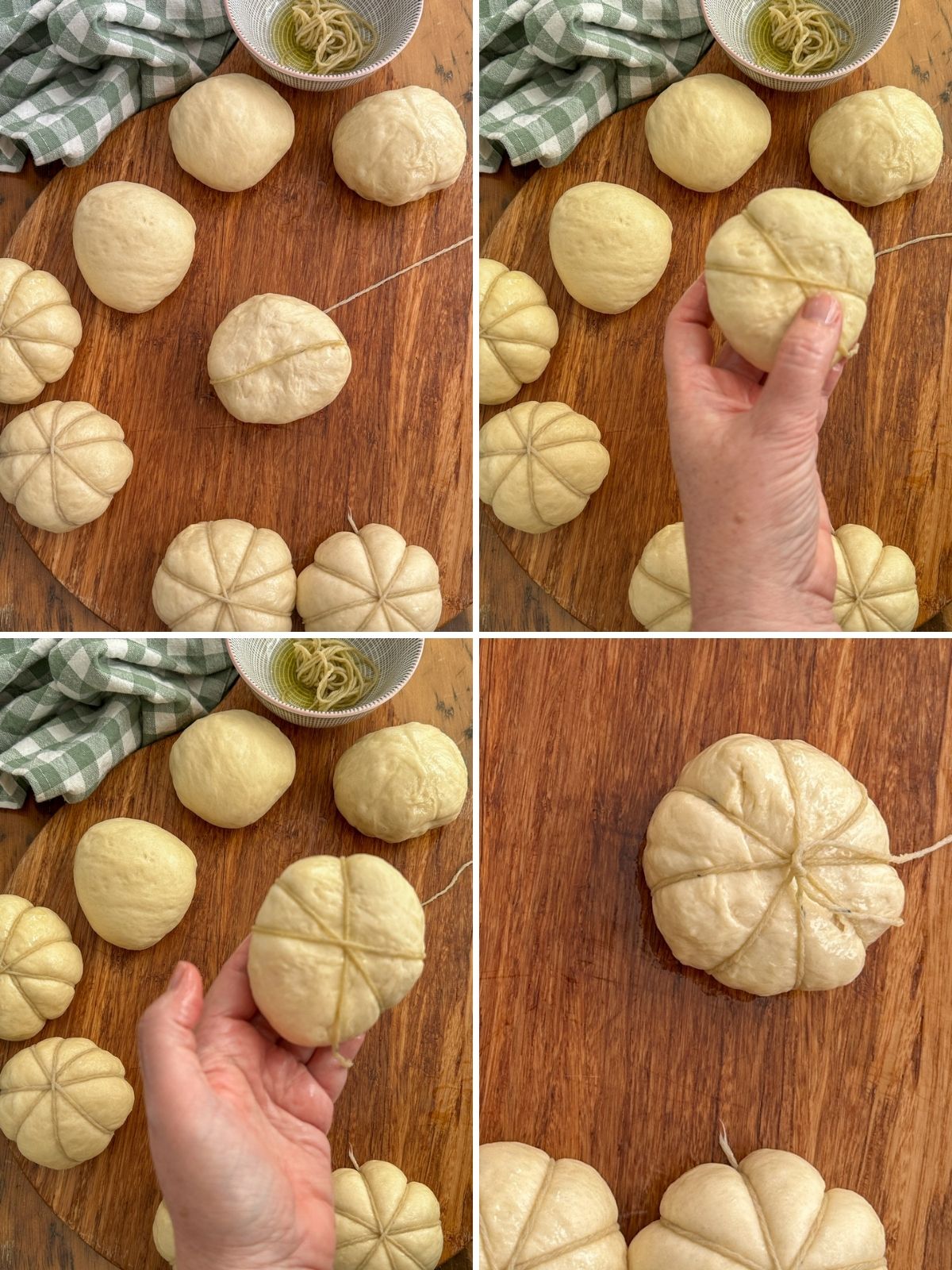 How to shape bread dough into a pumpkin using kitchen string.