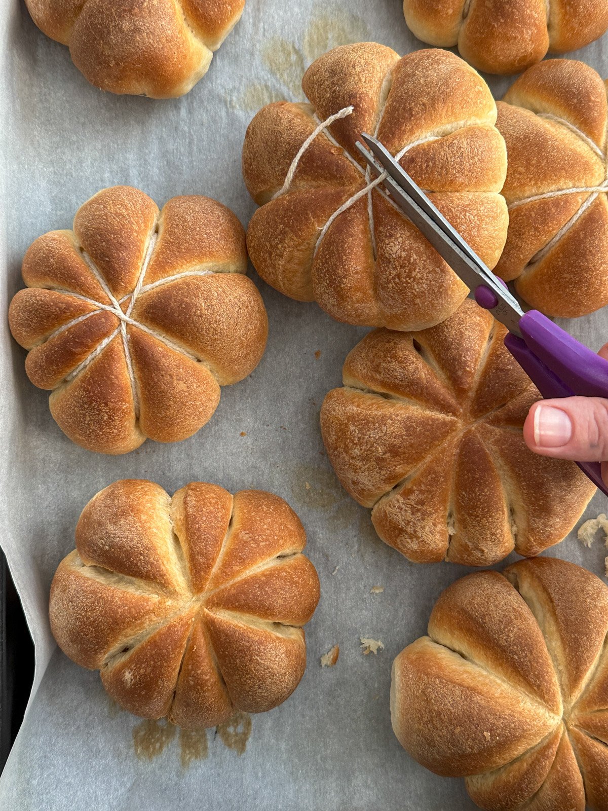 Removing the kitchen string from pumpkin shaped rolls after they've been baked.