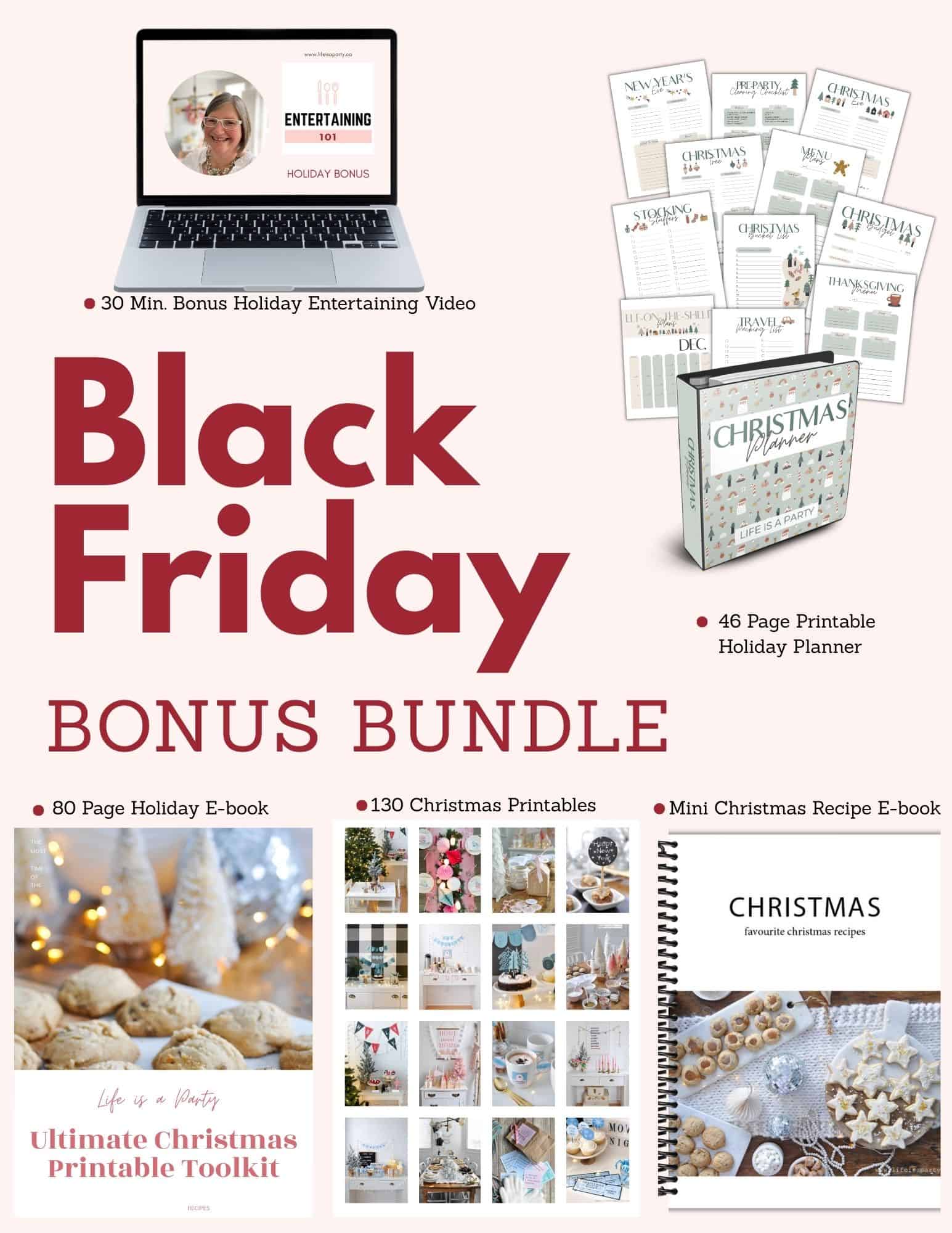 Black Friday bonus bundle item collage with ebooks, video image, and planner.