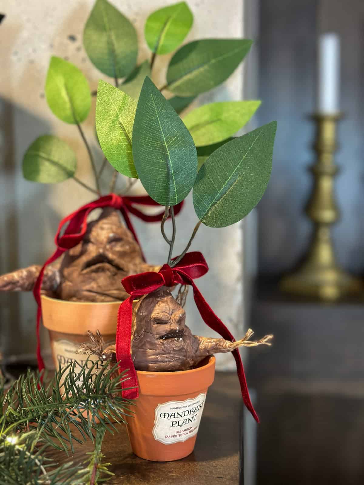 DIY mandrake plants with red bows in terra cotta pots with free printable labels for Harry Potter Christmas mantel decorations.