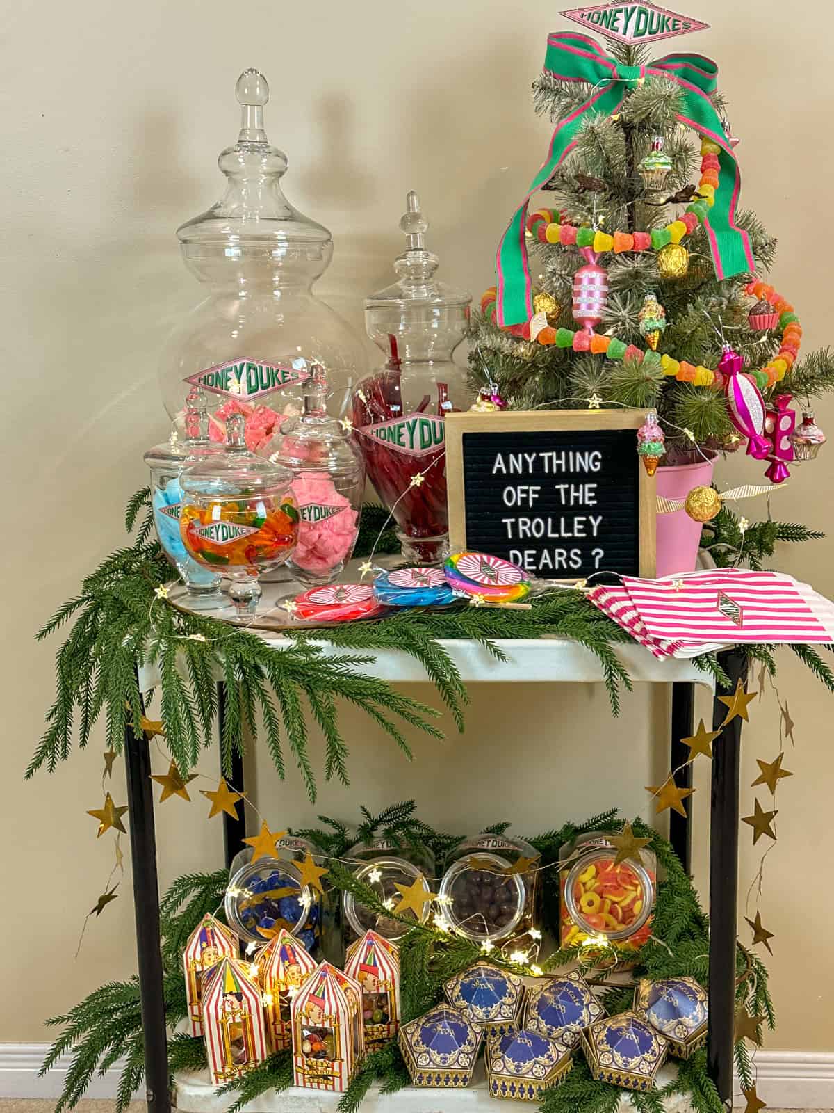 DIY Christmas Honeydukes candy trolley for a Harry Potter themed Christmas.