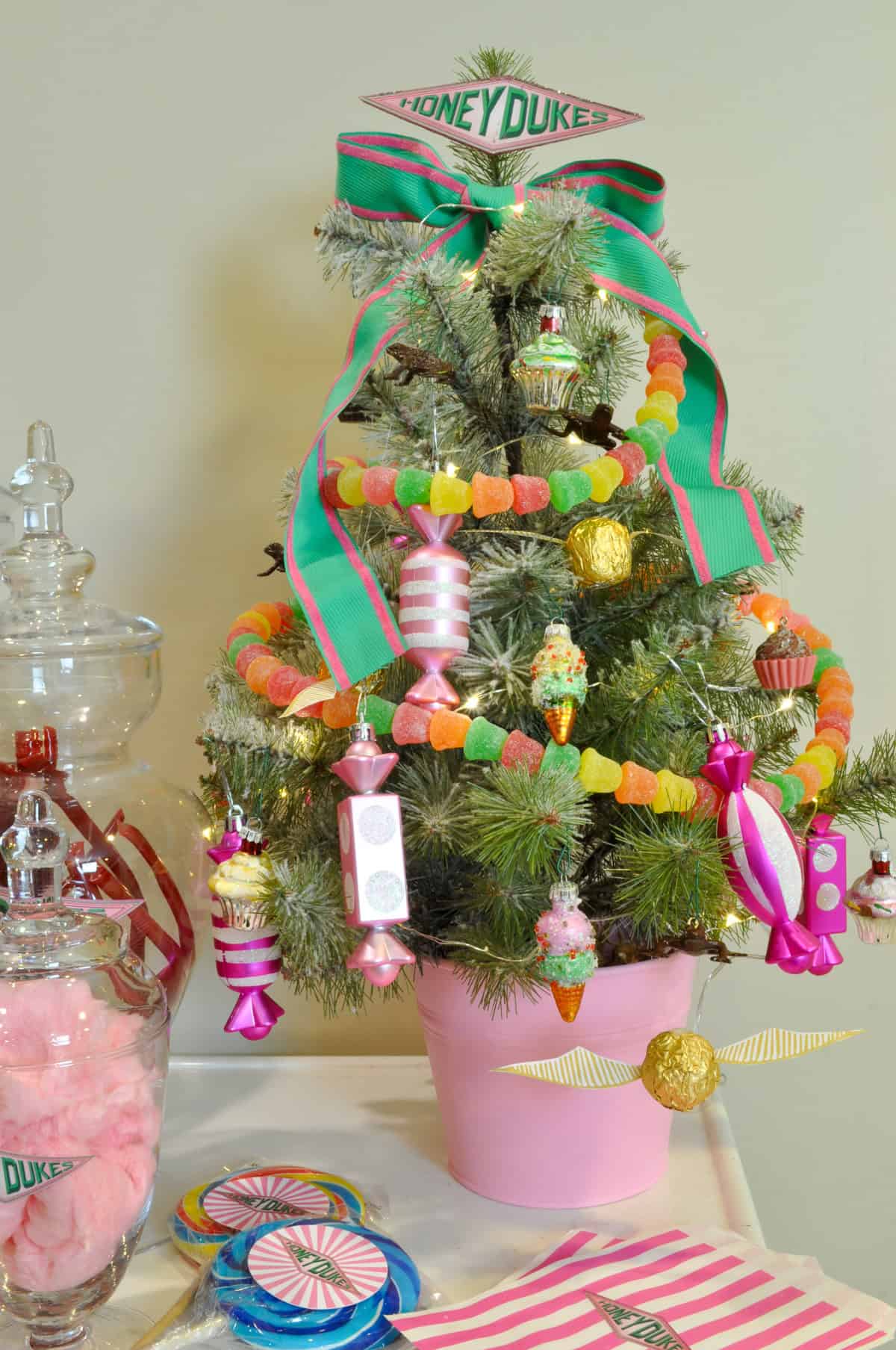 Harry Potter Honeydukes inspired candy themed mini Christmas tree.