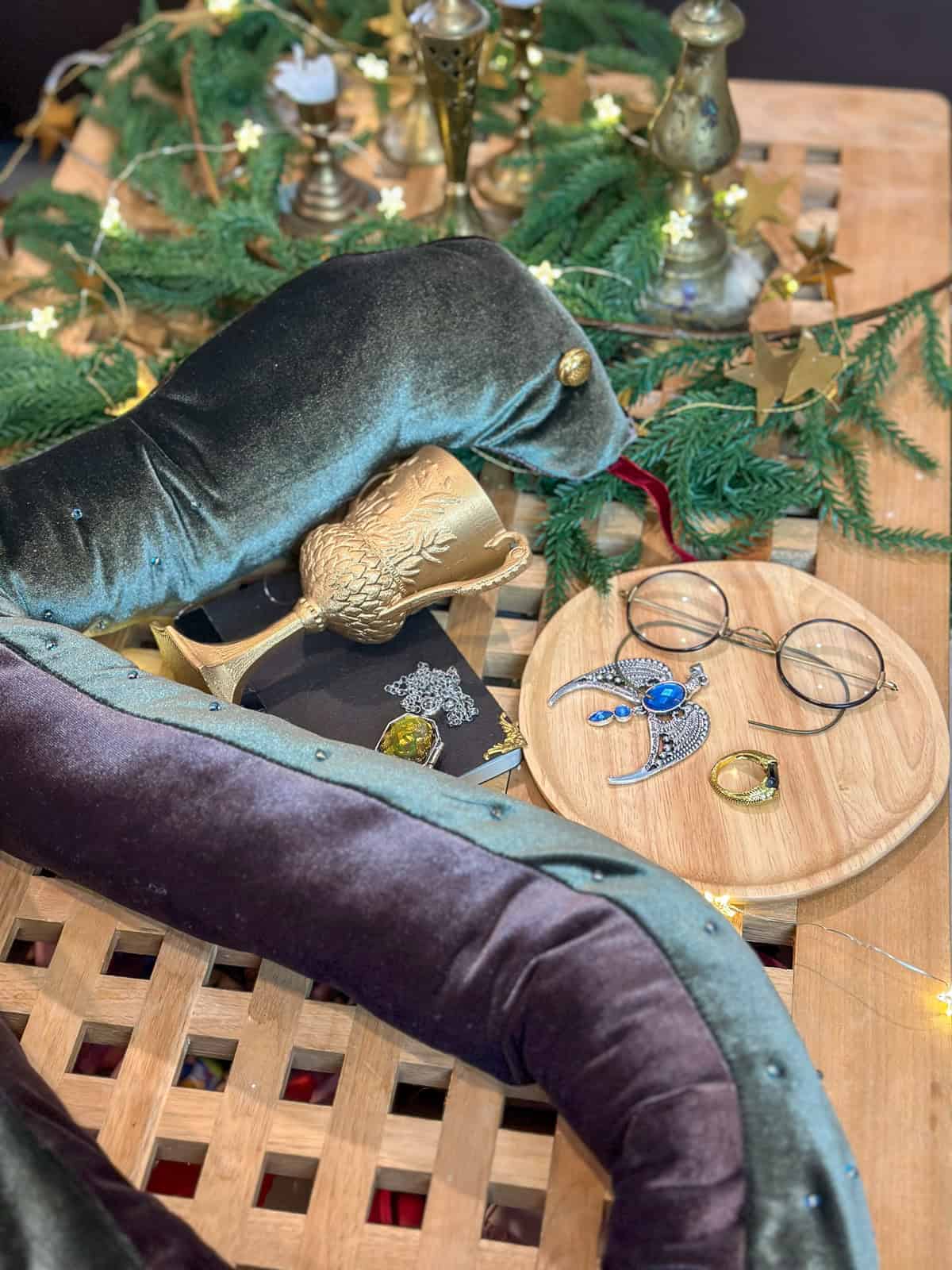 All 7 Horcrux Christmas ornaments for a Harry Potter themed Christmas tree.