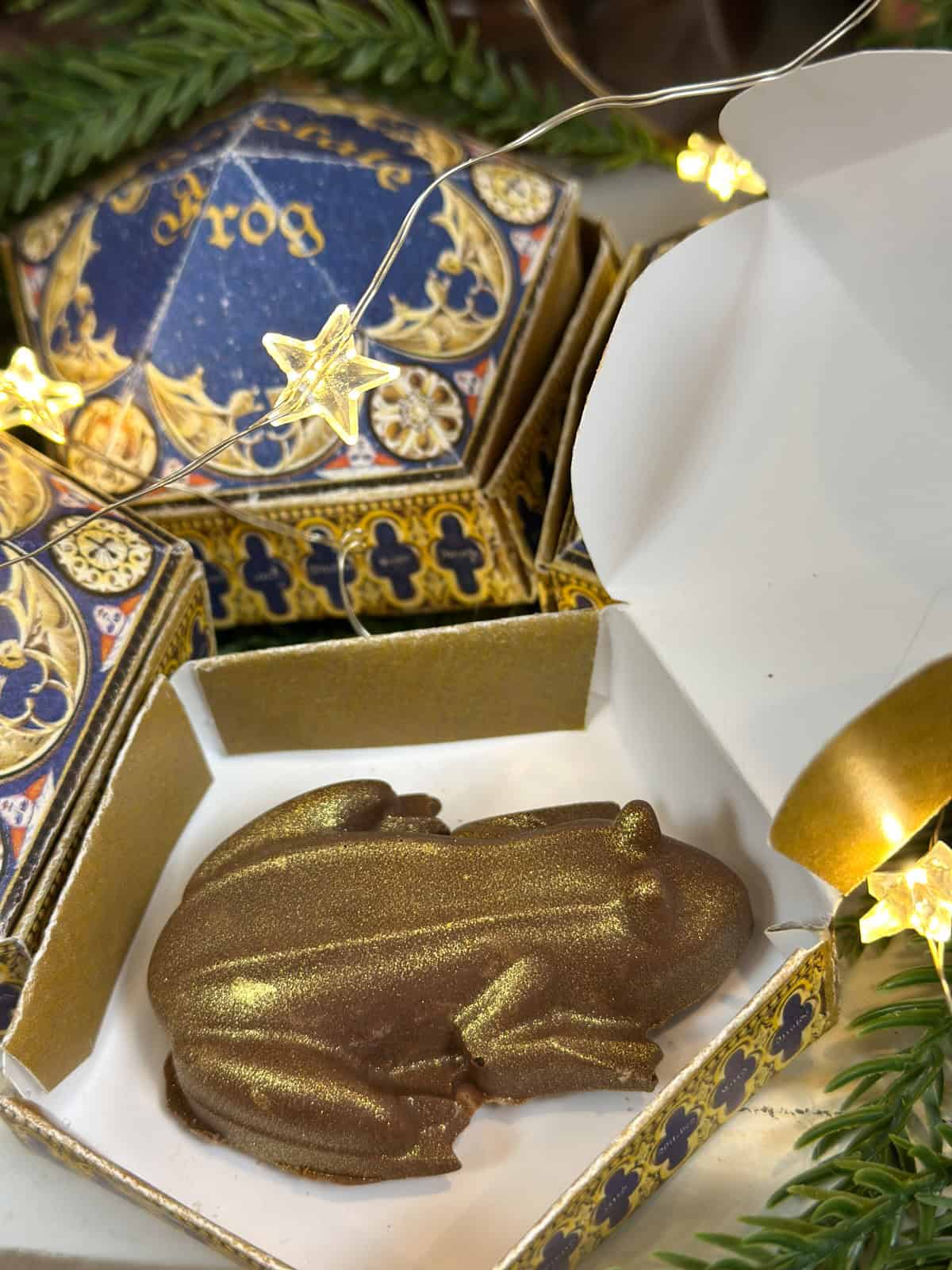 Homemade chocolate frog from Harry Potter in a free printable chocolate frog box.