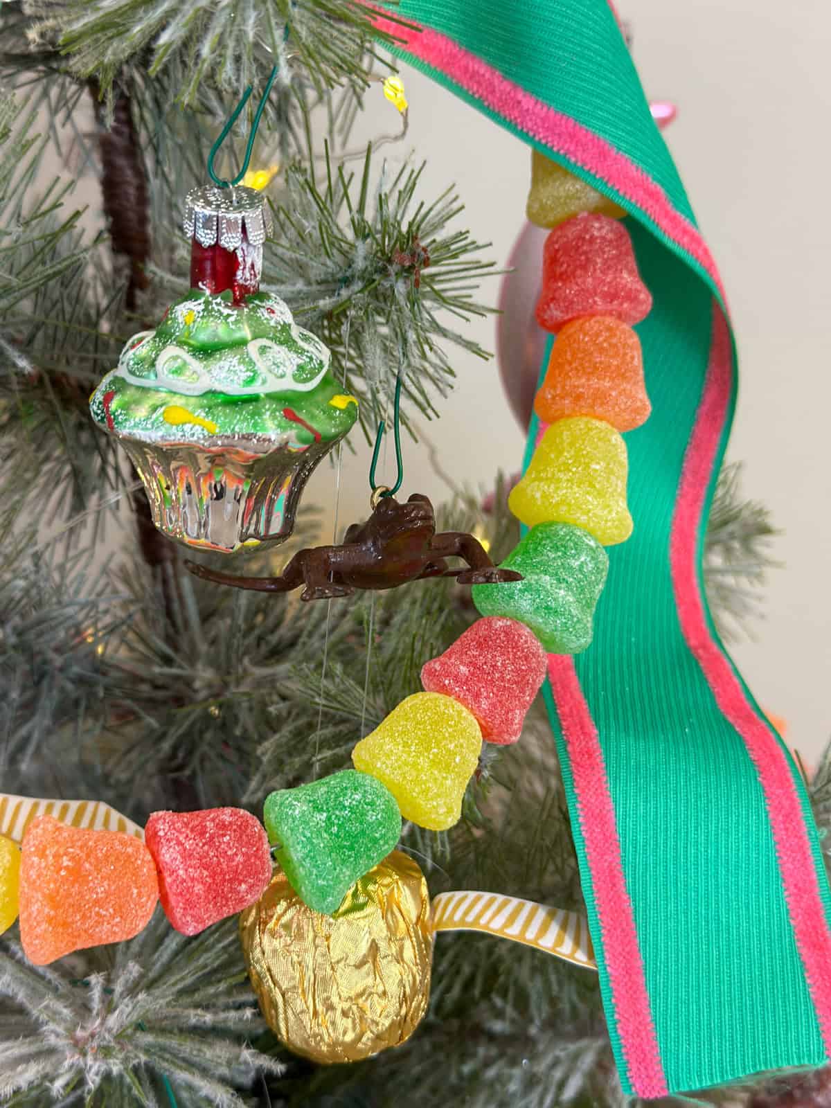 DIY gumdrop garland on a Harry Potter Honeydukes inspired candy themed Christmas tree.