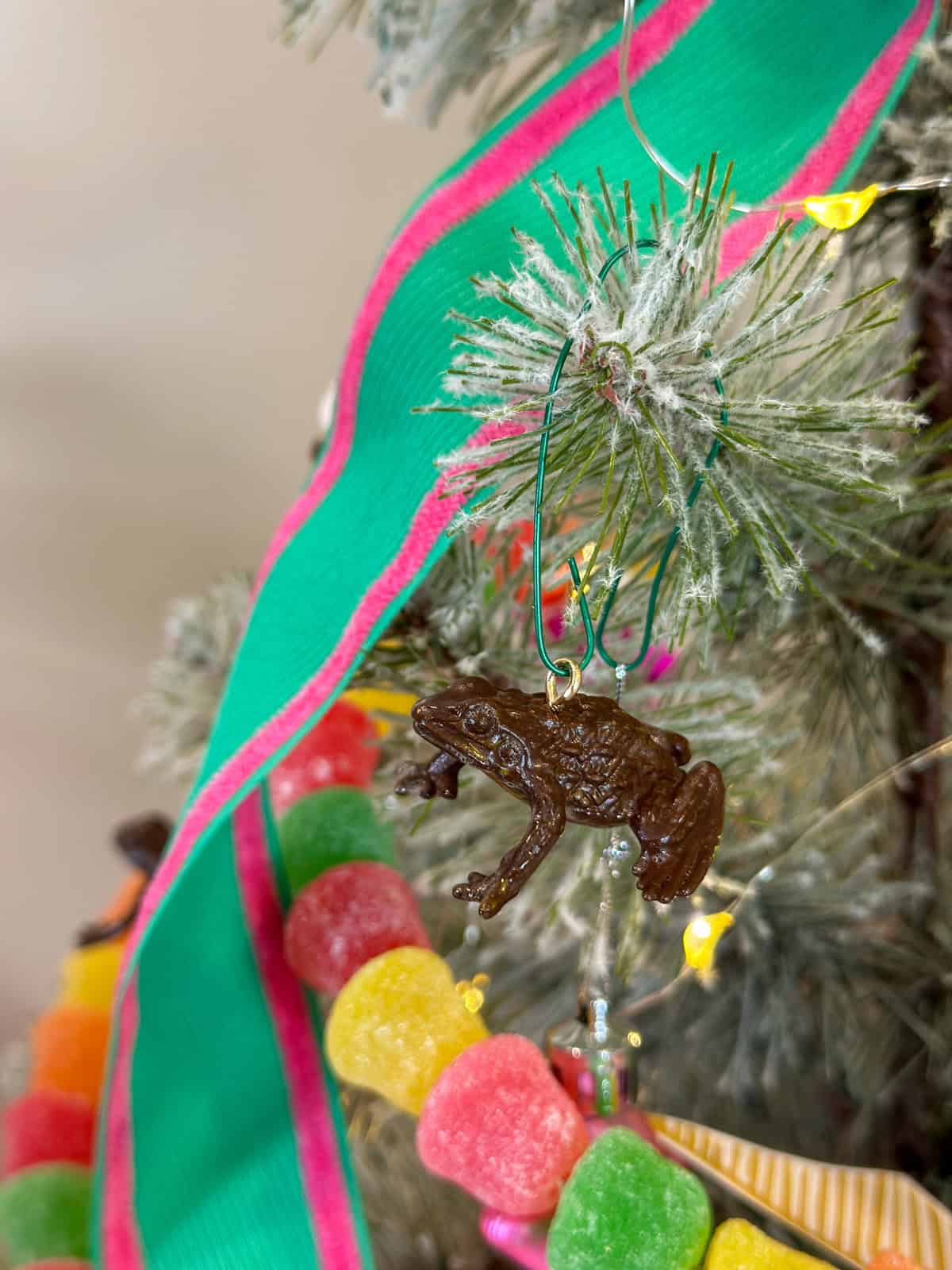 DIY chocolate frog Chrismtas ornament on a Harry Potter themed Christmas tree.