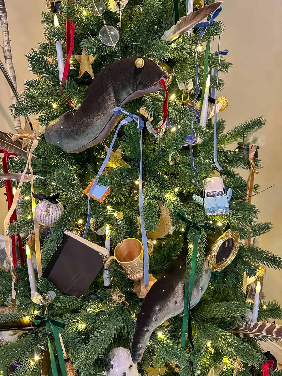 Harry Potter Christmas tree decorated with 7 Horcrux decorations.