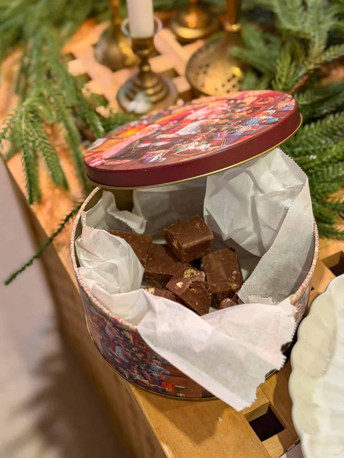 Mrs. Weasley's Christmas fudge in a tin at a Harry Potter Christmas party.