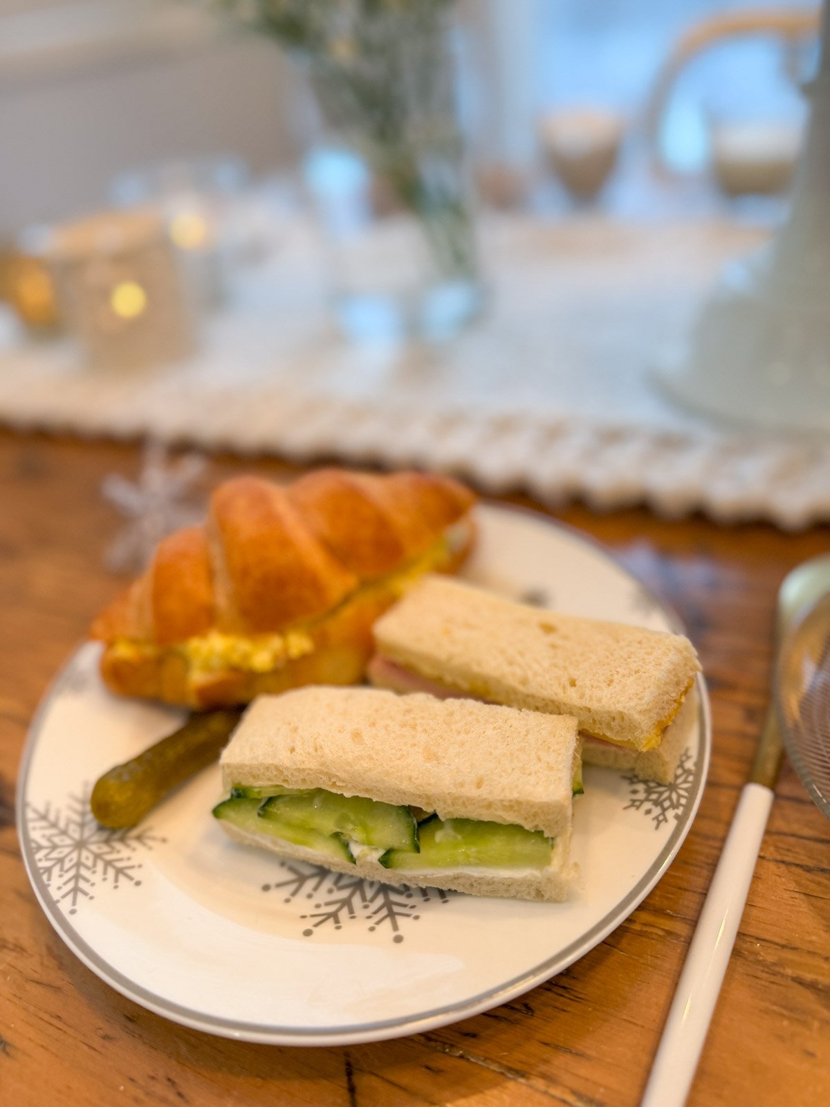Plate of tea sandwiches for a winter tea party.