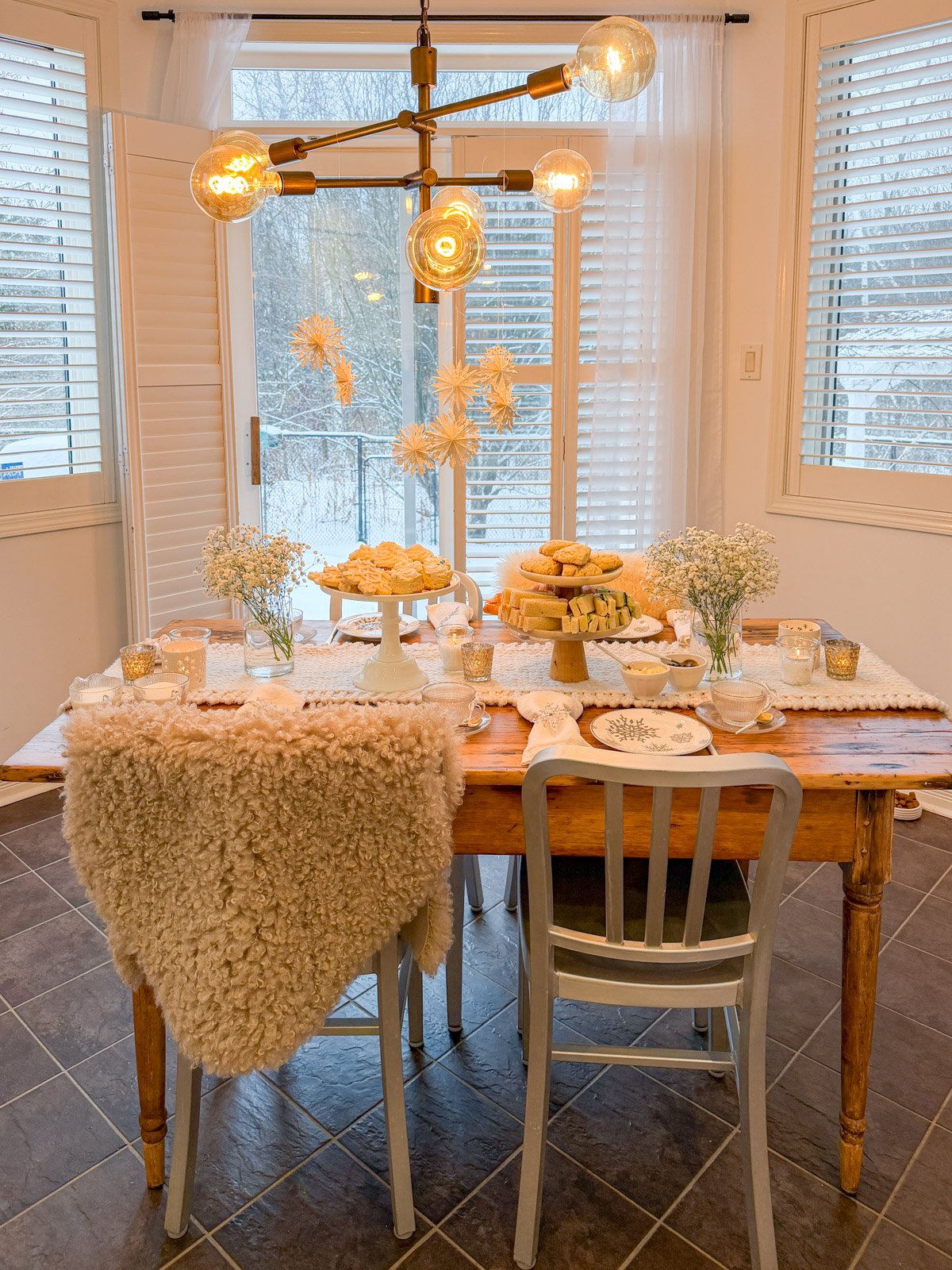 Winter tea party with snow-themed decorations.