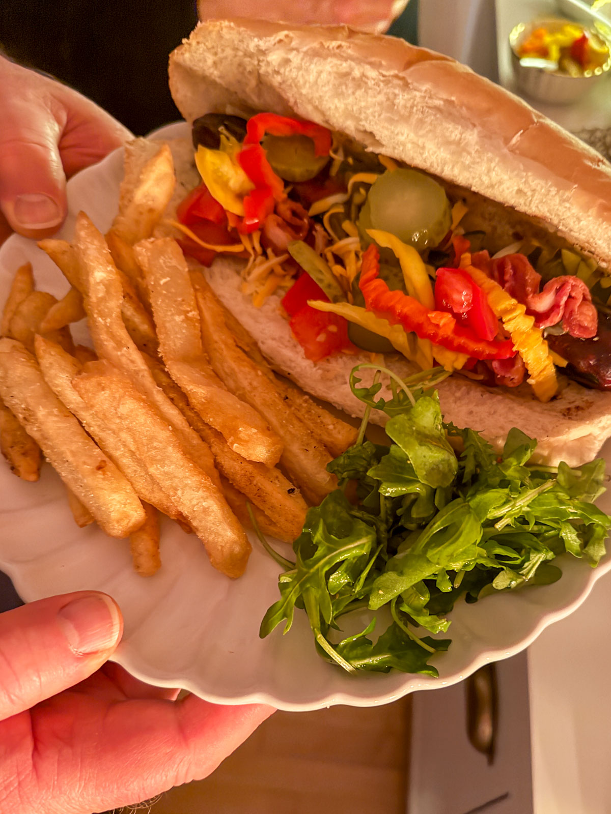 Fully loaded gourmet hot dog on a jumbo bakery bun with colorful toppings, fresh cut fries, and arugula salad on a white scalloped plate at a circus dinner party.