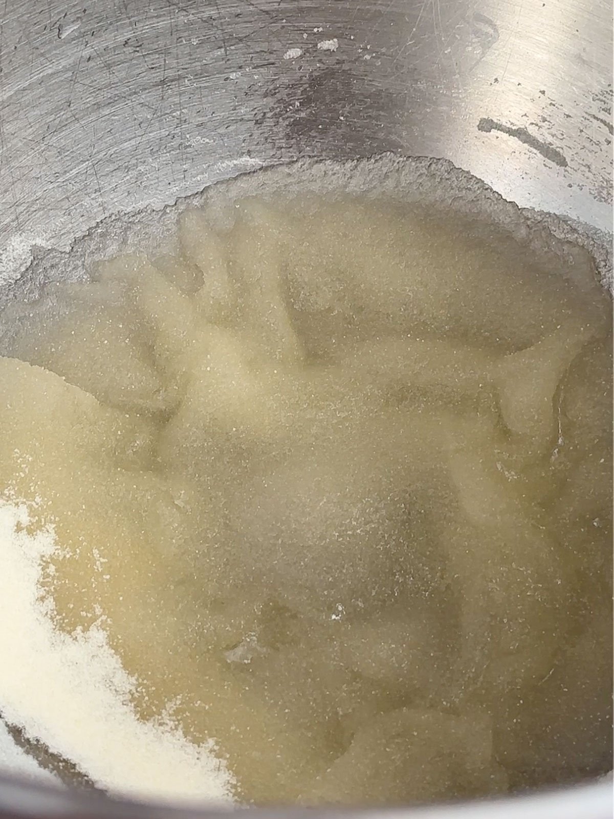 Gelatin blooming in water in a stand mixer bowl.