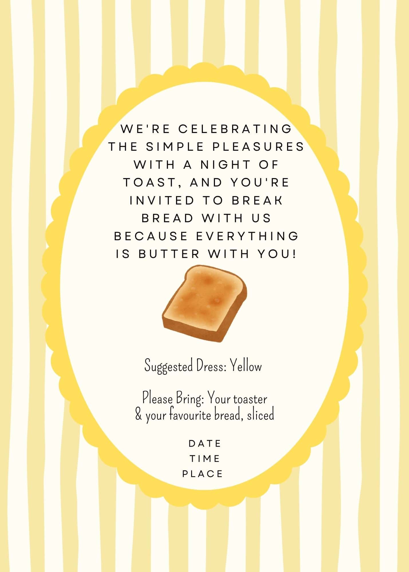 Free Editable Butter /Toast Party Invitation in yellow.