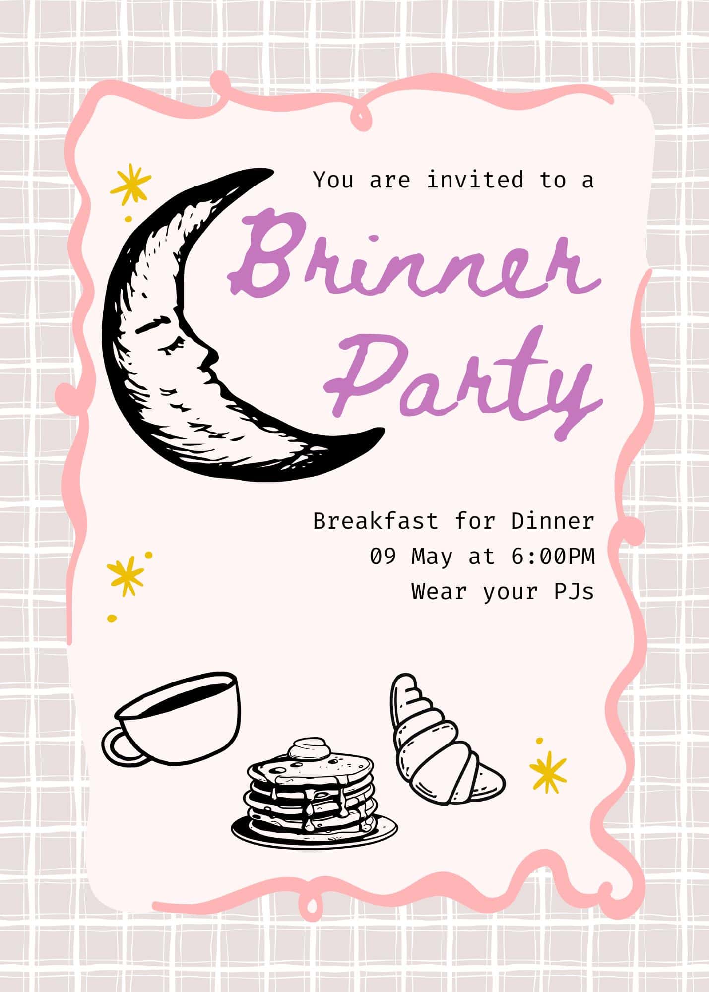 Free printable and editable Brinner Party breakfast for dinner invitation with crescent moon illustration, and breakfast foods.