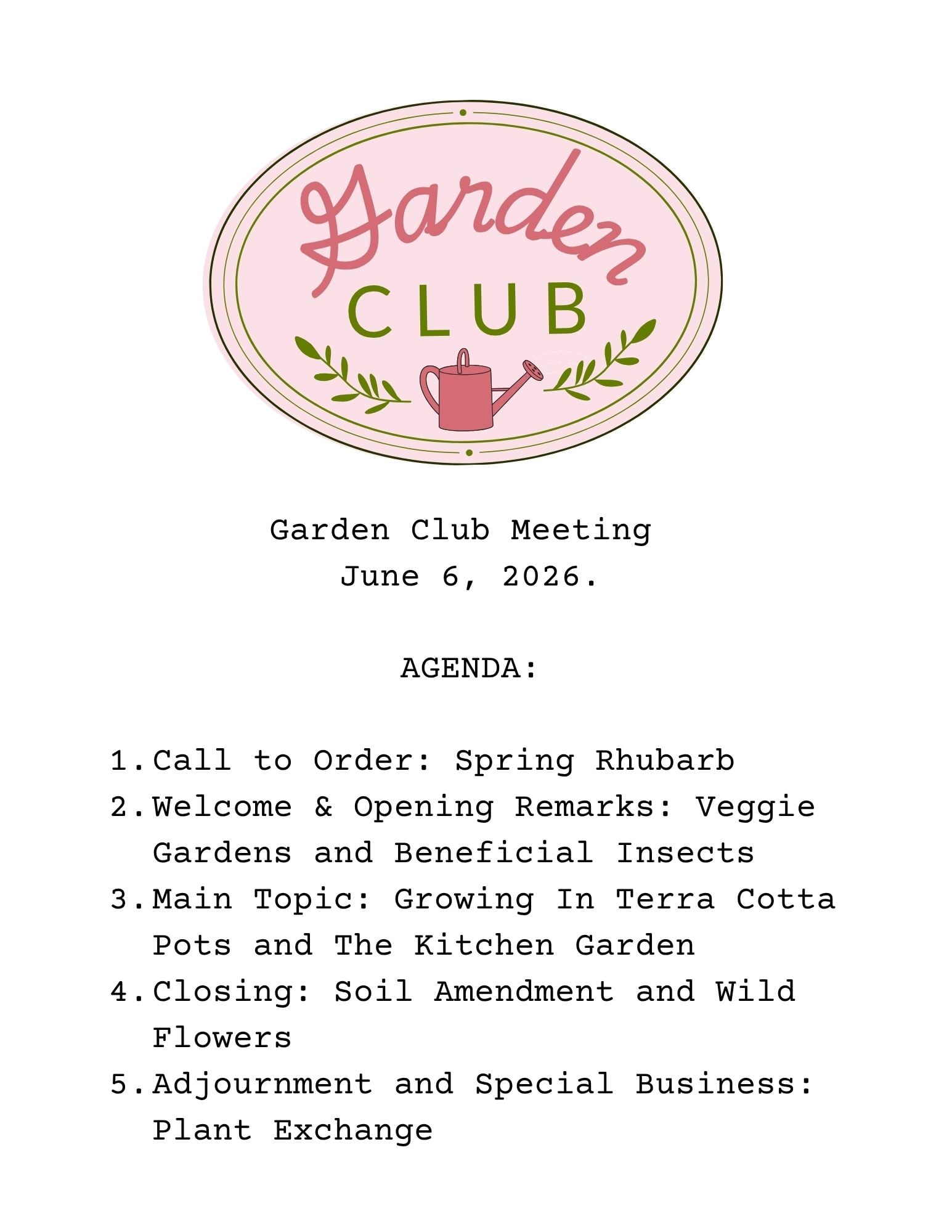 Garden Club meeting agenda printable with vintage oval logo, typewriter font, and five themed menu items disguised as official garden club agenda topics.