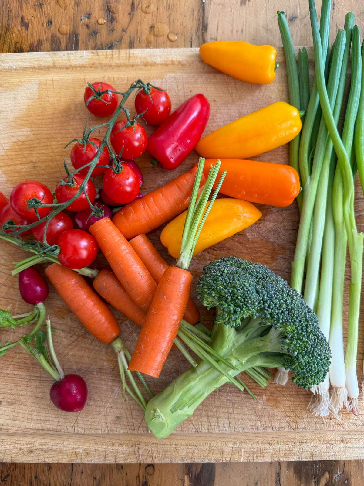 Assorted fresh vegetables on a cutting board including cherry tomatoes, carrots, radishes, mini peppers, broccoli, and green onions for a vegetable garden hummus dip.