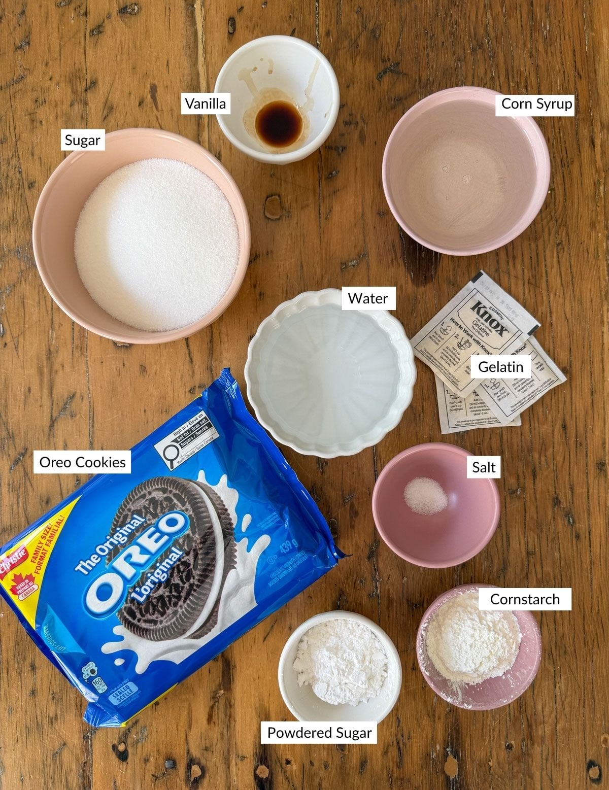 Oreo marshmallow ingredients including gelatin, sugar, corn syrup, and Oreo cookies.