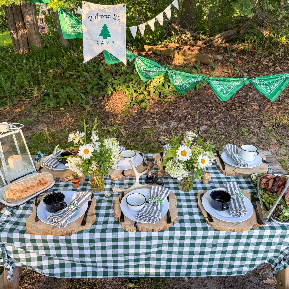 Camp themed party table with green gingham tablecloth, wildflowers, and Welcome to Camp banner.