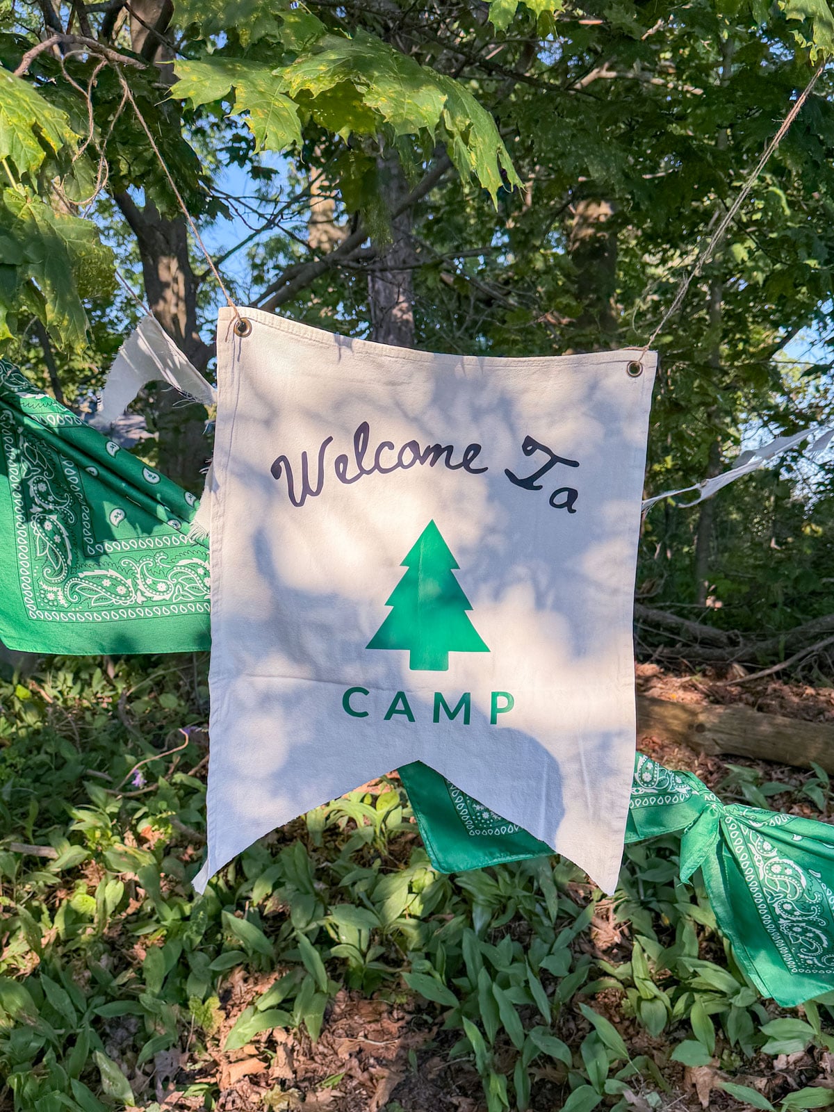 Welcome to Camp canvas banner with green tree logo hanging in trees.