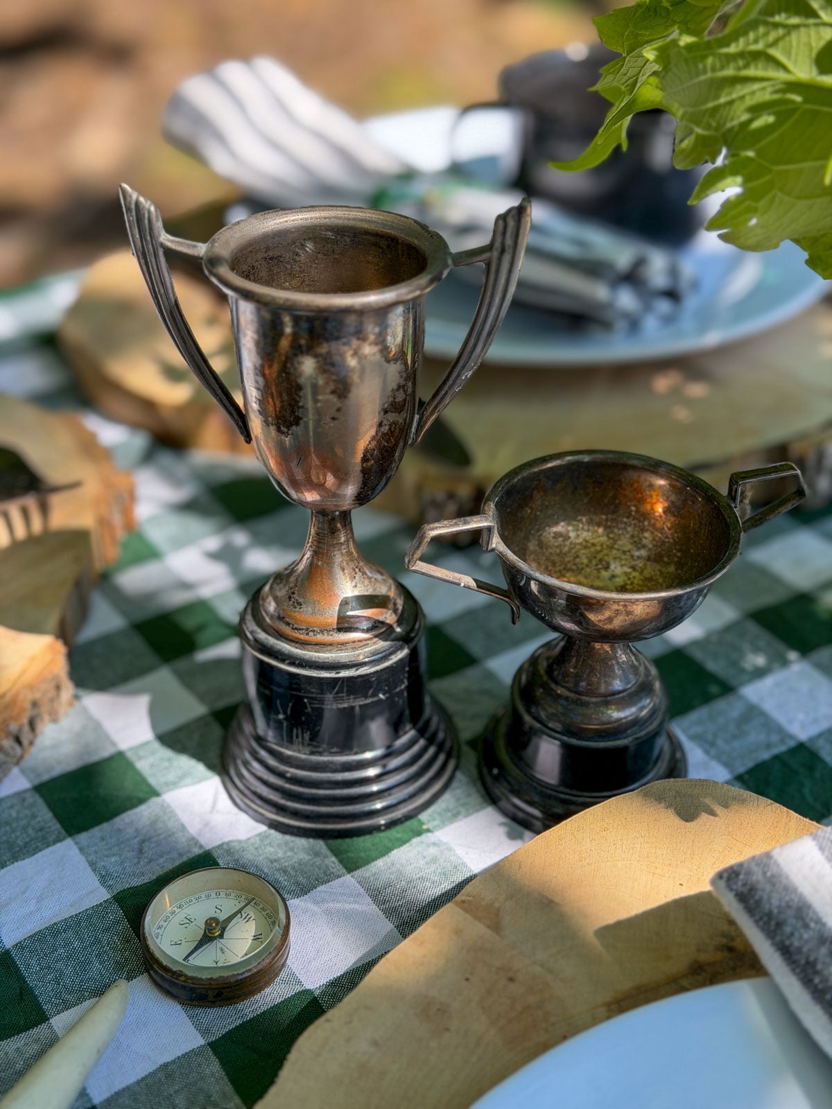Vintage silver trophies and brass compass on green gingham tablecloth.