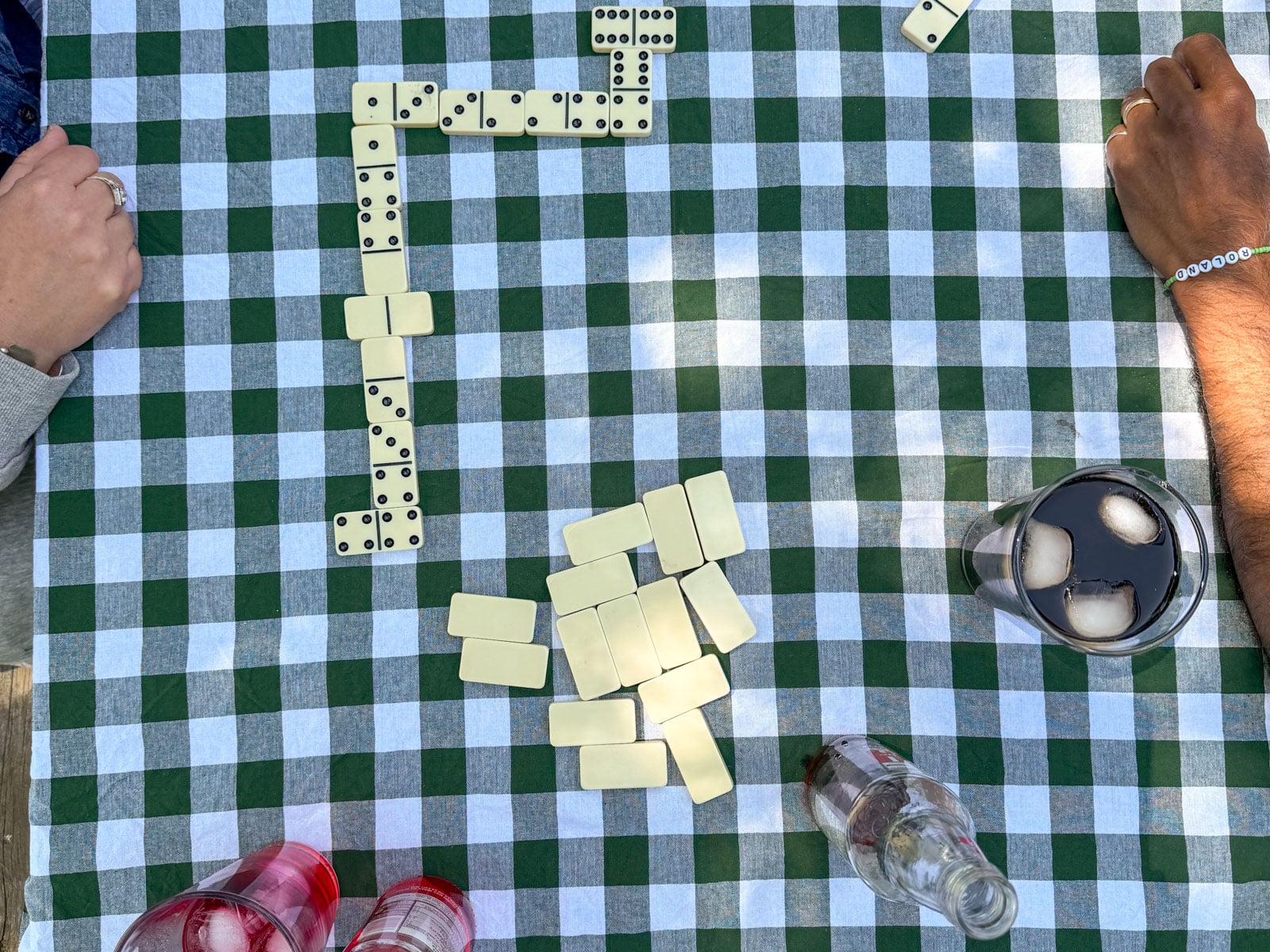 Ivory dominoes game in progress on green gingham picnic tablecloth.