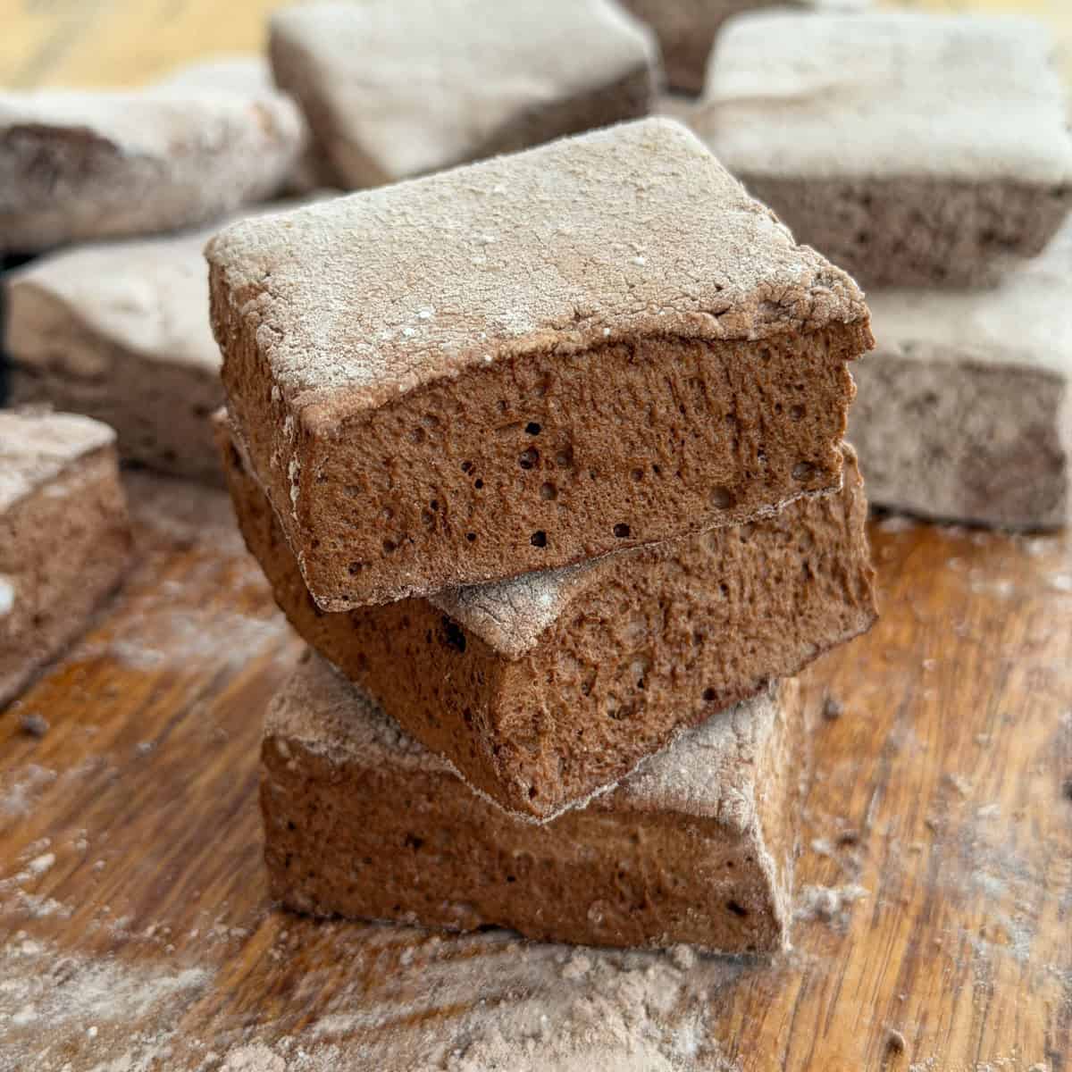 Stack of chocolate marshmallows dusted with cocoa coating.