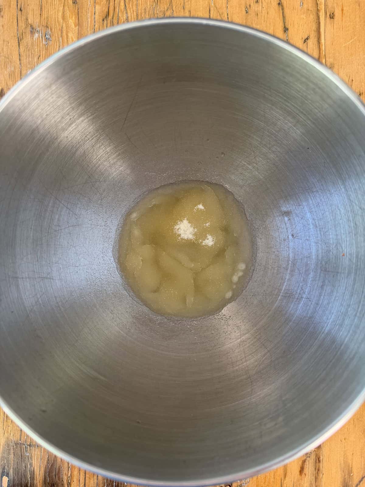 Gelatin blooming in a stand mixer bowl.