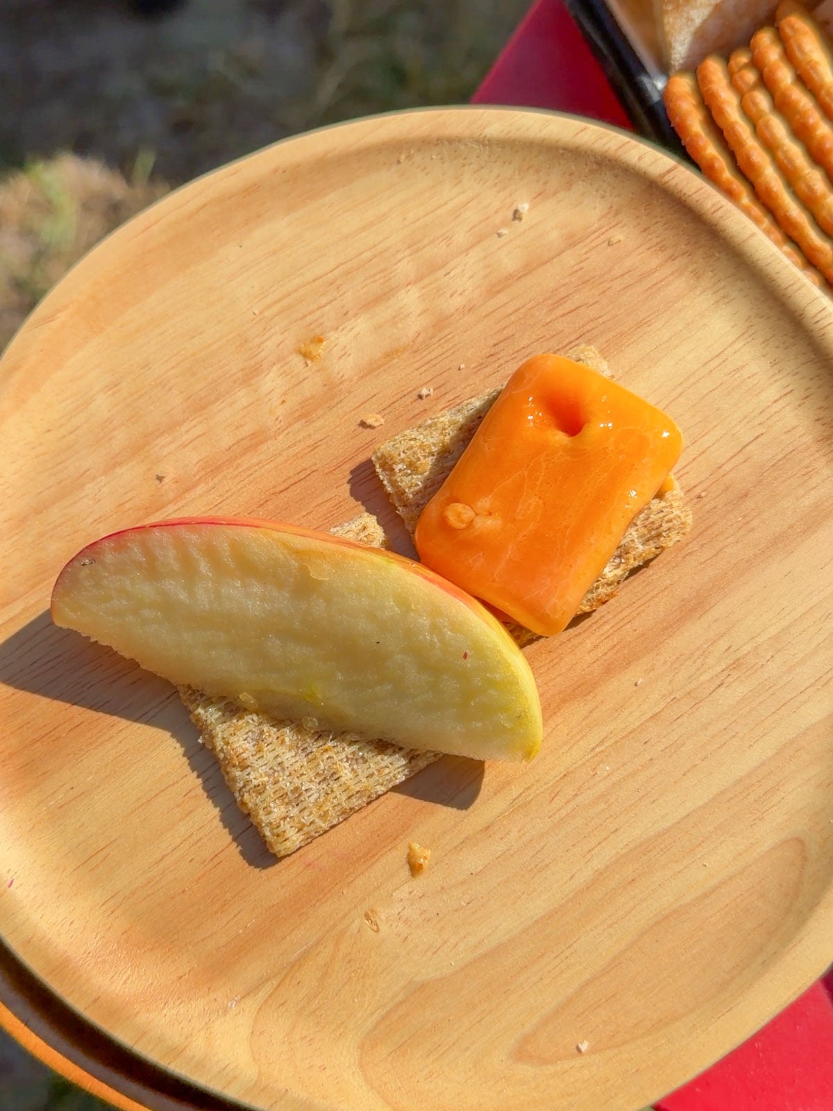 Cheddar cheese and apple slice on a cracker.