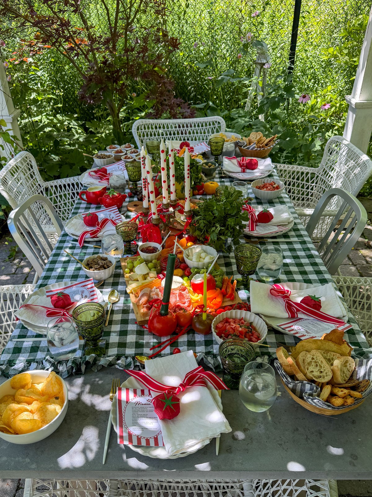 Grape vine covered pergola with tomato party table set underneath.