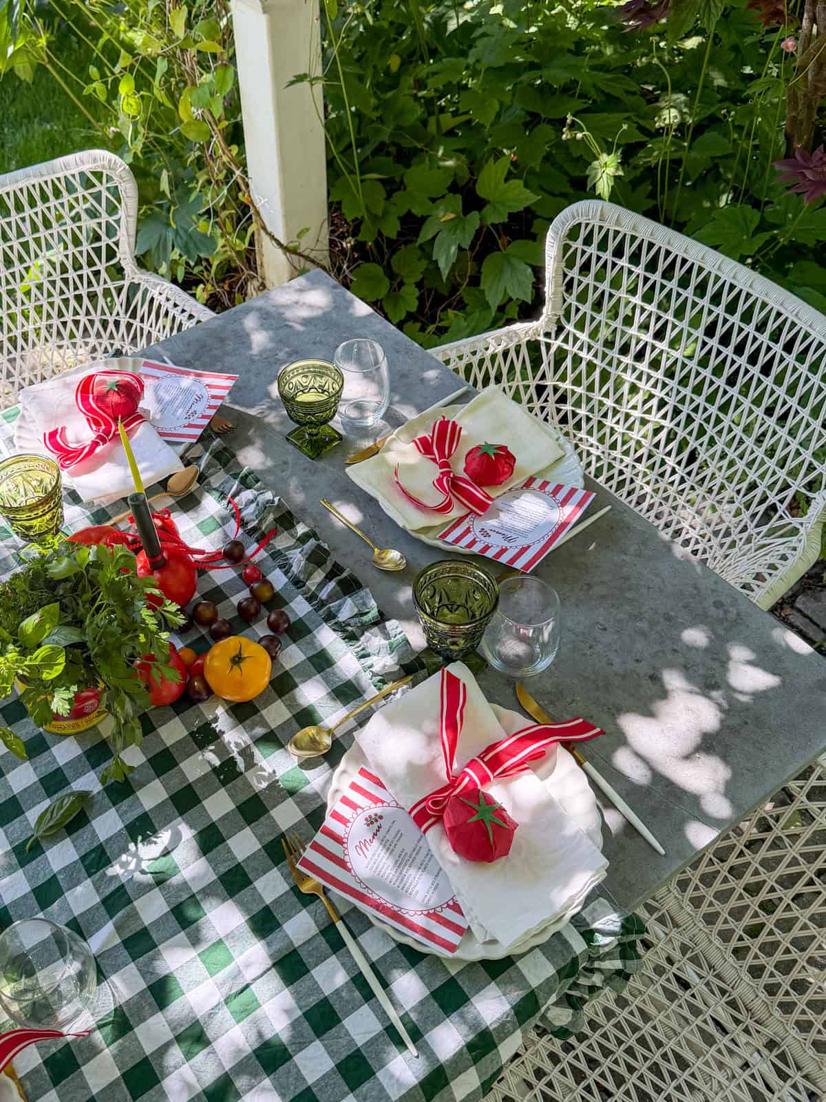 Overhead view of tomato party table with red and white decor and green gingham tablecloth.