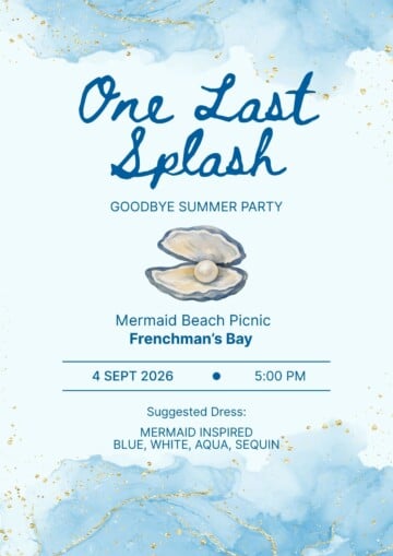 Free pritable and editable mermaid party invition in blue with gold.
