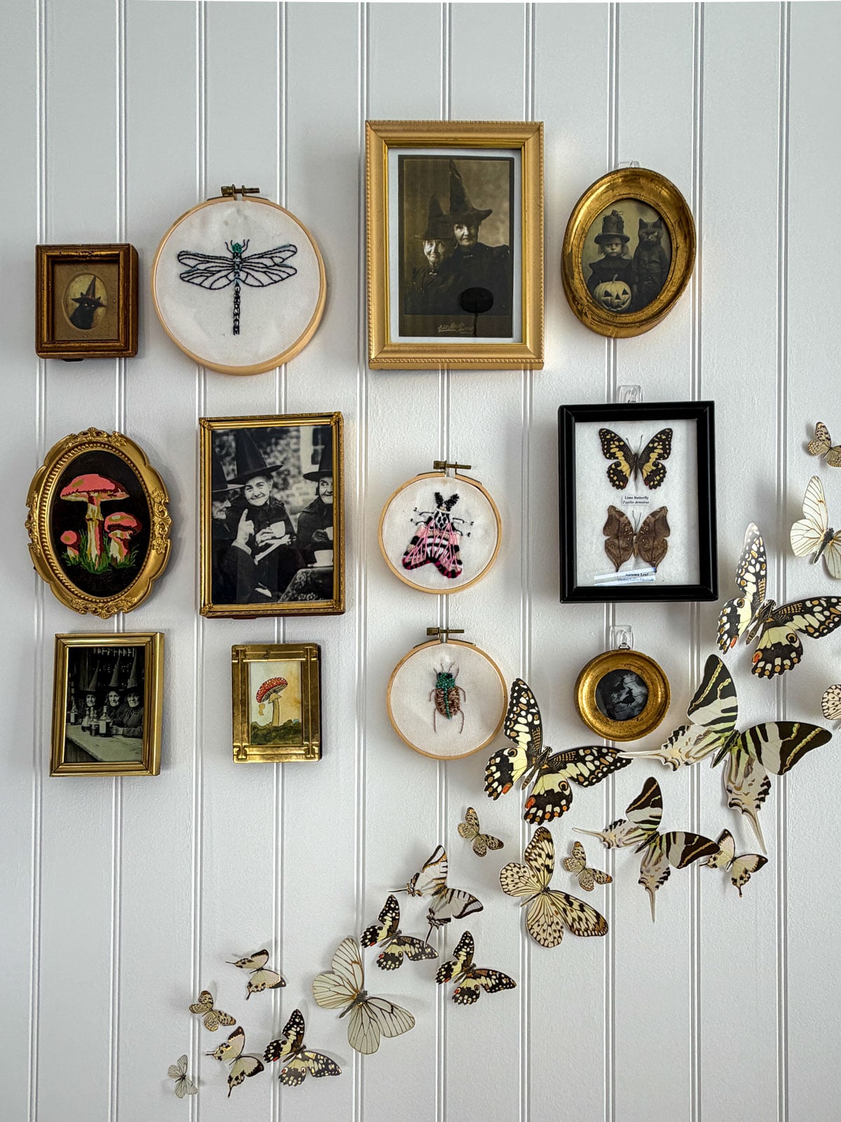 Gallery wall of framed vintage witch portraits, embroidery hoops, a butterfly shadow box and gold butterflies.